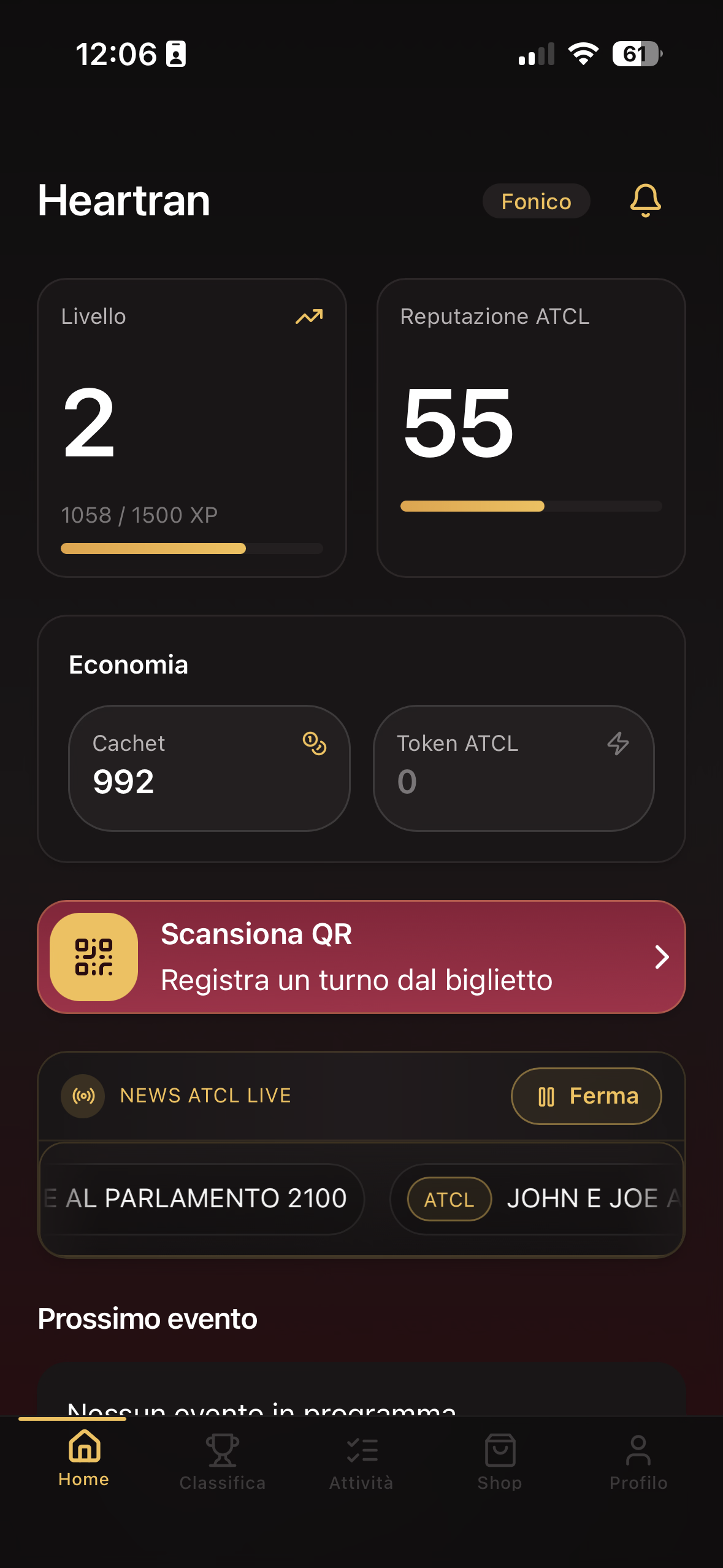 Dashboard con progressione, reputazione e attività recenti